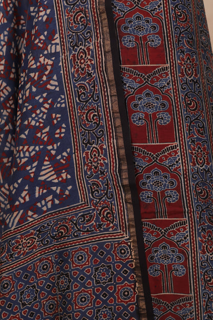 Chanderi Silk Cotton Ajrakh Handblock Printed 2 Piece Suit Set | Looms & Tassels
