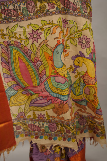 Yellow Hand Drawn Pen Kalamkari  Bangalore Silk Kanchi Border Saree | Looms & Tassels