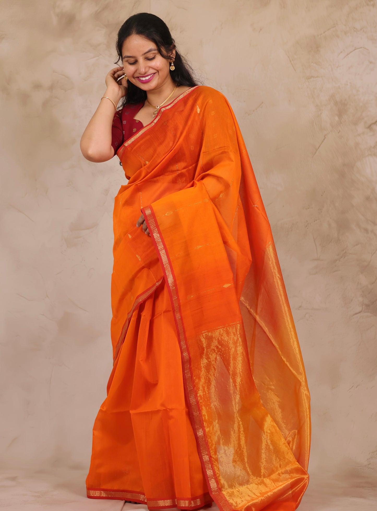 Orange Handloom Maheswari Silk Cotton Sarees | Looms & Tassels