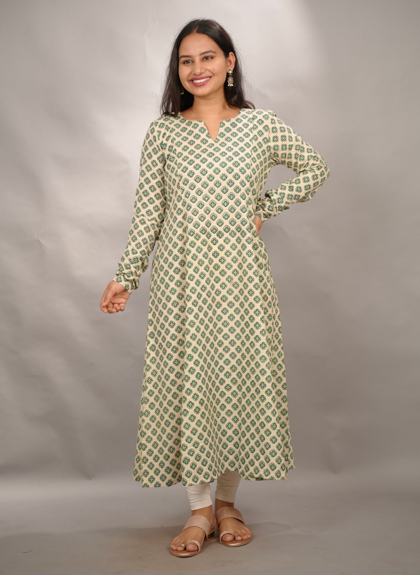 Cream Pure Mul Cotton Kali Kurta with Chudi Sleeves | Looms & Tassels