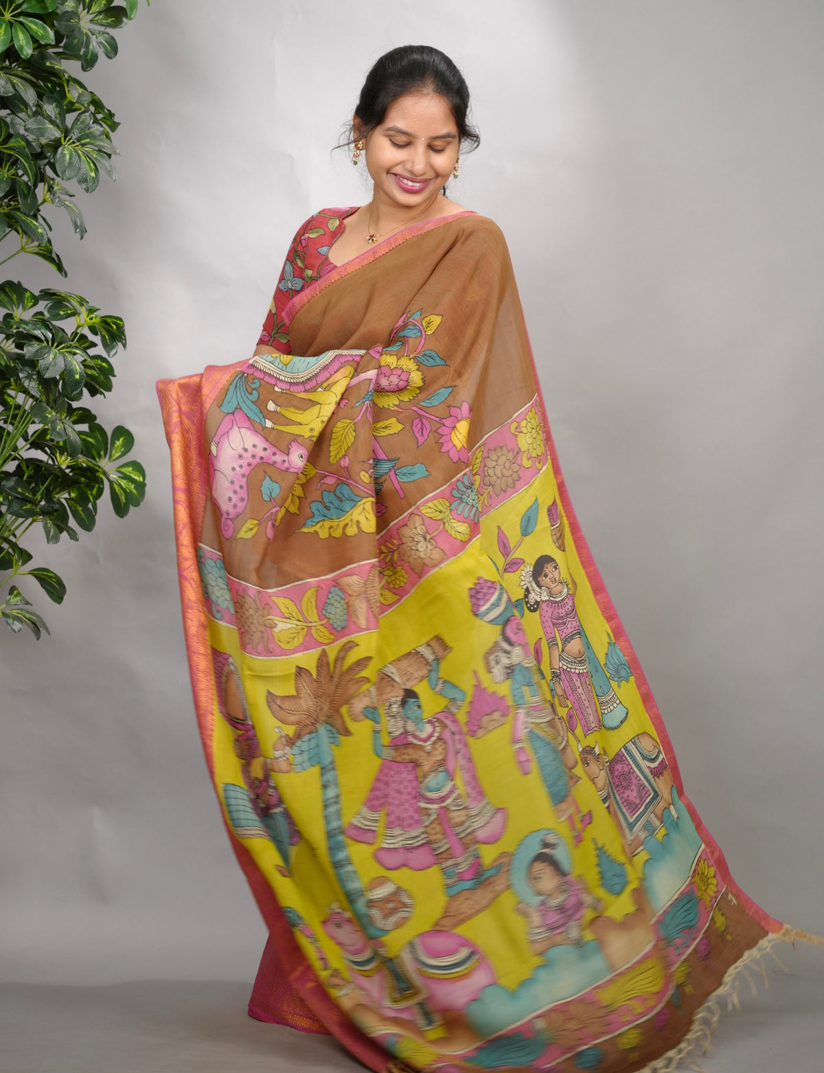 Brown Hand Drawn Pen Kalamkari Bangalore Silk Kanchi Border Saree | Looms & Tassels