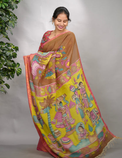 Brown Hand Drawn Pen Kalamkari Bangalore Silk Kanchi Border Saree | Looms & Tassels