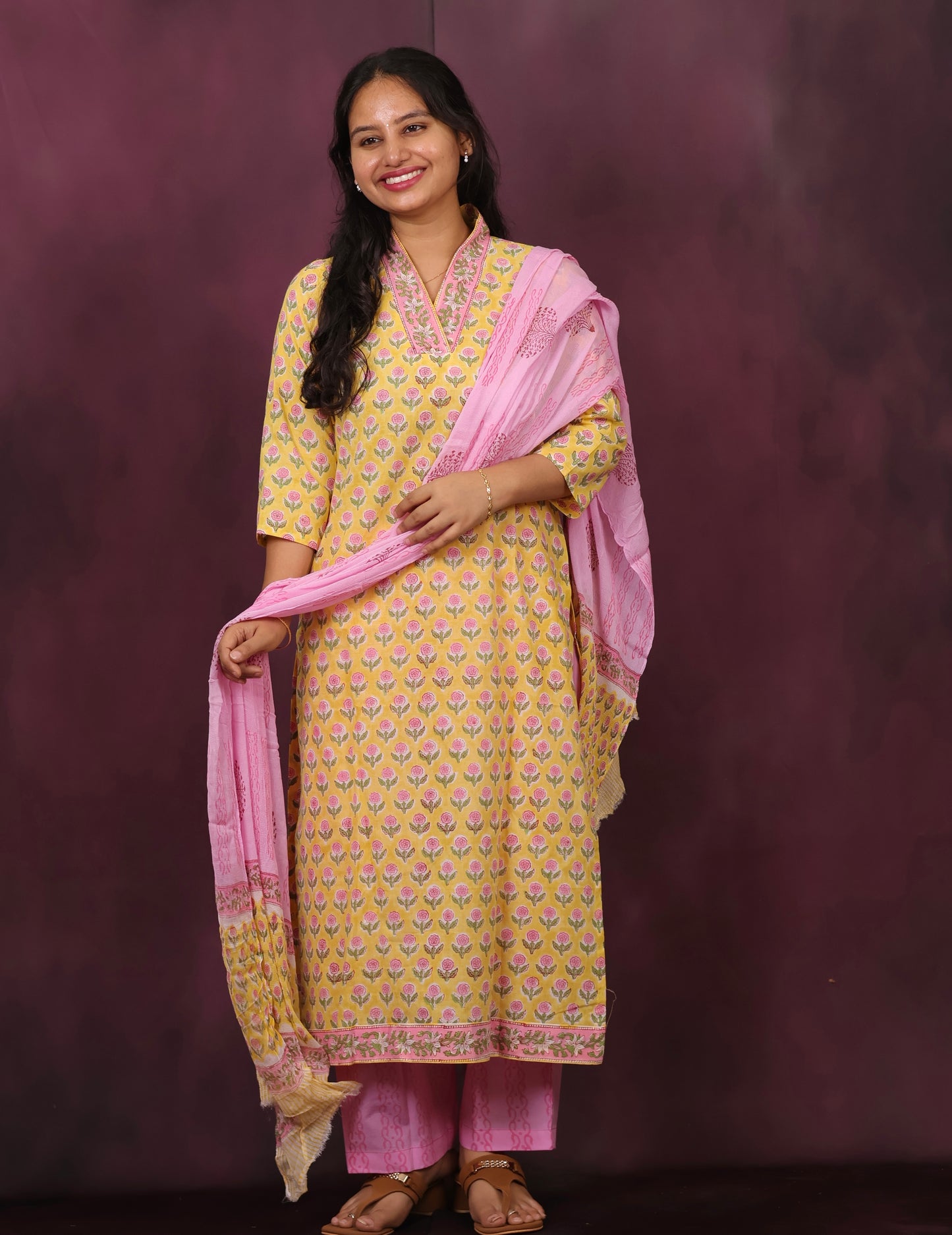 Yellow And Pink Handblock printed Pure Mul Cotton with Chiffon Dupatta 3 piece suit (stitched)