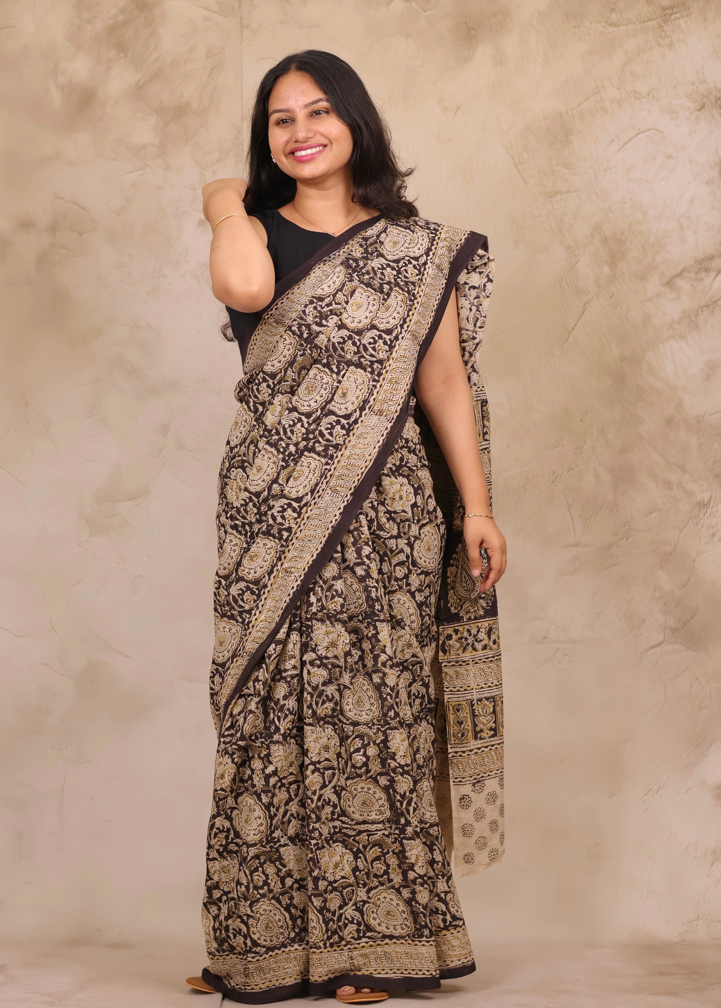 Black Hand Block Printed Kalamkari Cotton Saree | Looms & Tassels