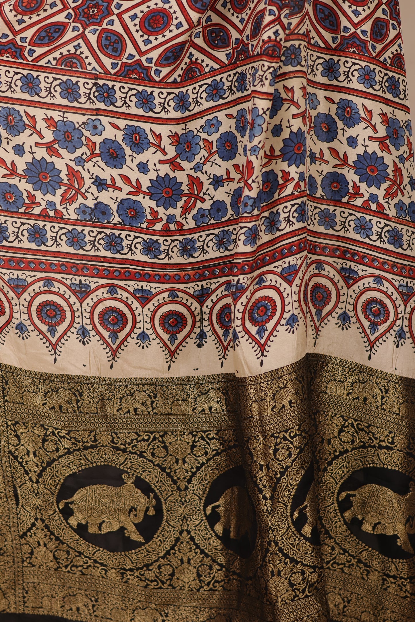 Cream Ajrakh Handblock printed Dola Silk Saree | Looms & Tassels
