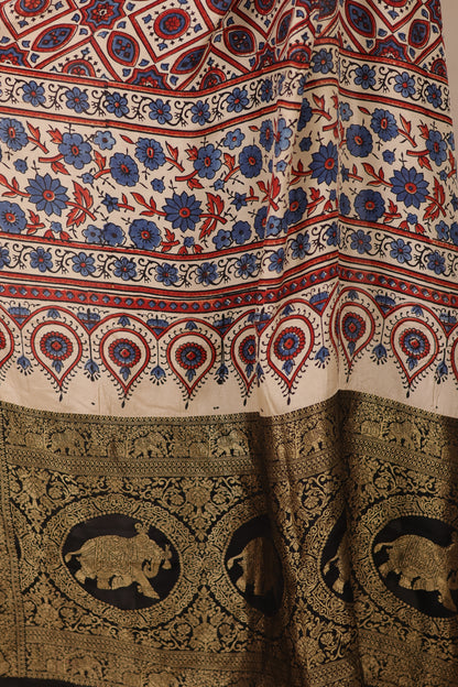 Cream Ajrakh Handblock printed Dola Silk Saree | Looms & Tassels