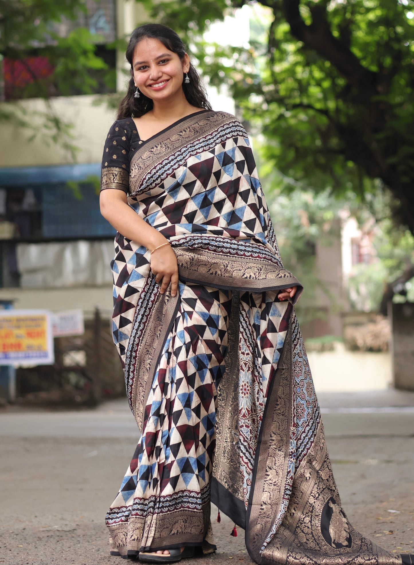 Contemporary Ajrakh Dola Silk Saree