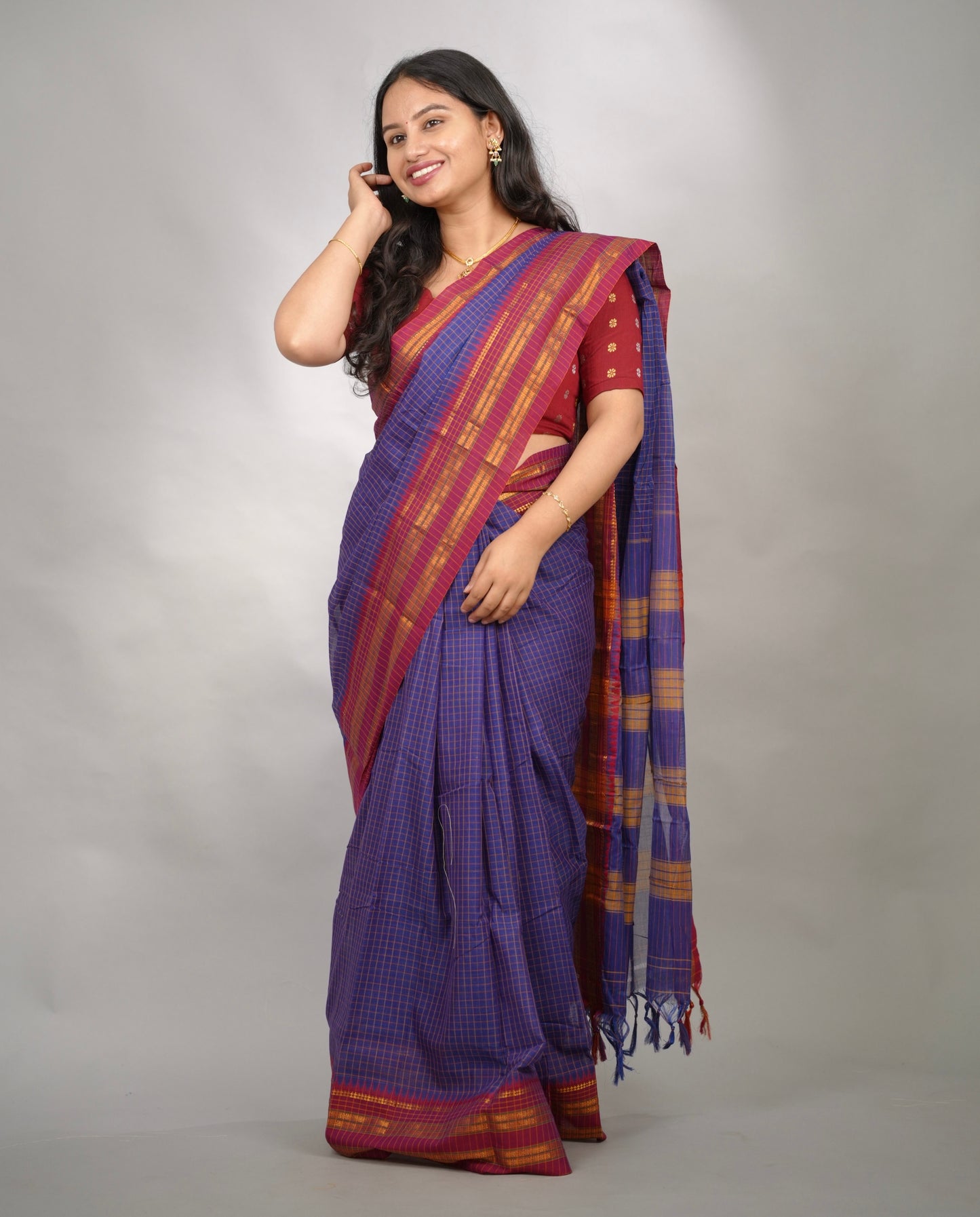 Blue Checks Narayanpet Cotton Saree with Traditional contrast Border | Looms & Tassels