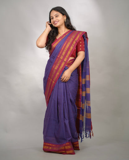 Blue Checks Narayanpet Cotton Saree with Traditional contrast Border | Looms & Tassels