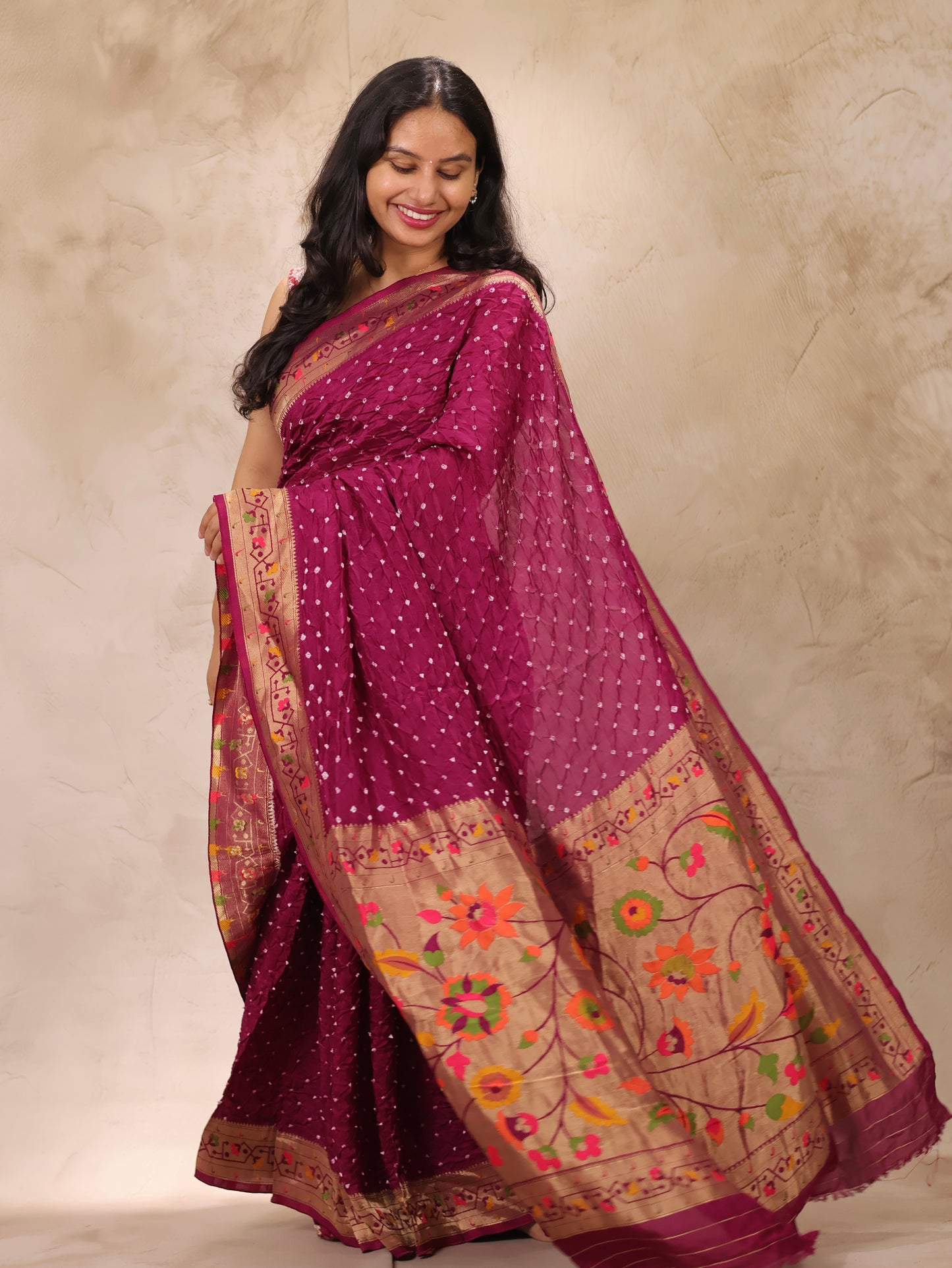Magenta Handcrafted Bandhani Paithani Dola Silk Saree | Looms & Tassels