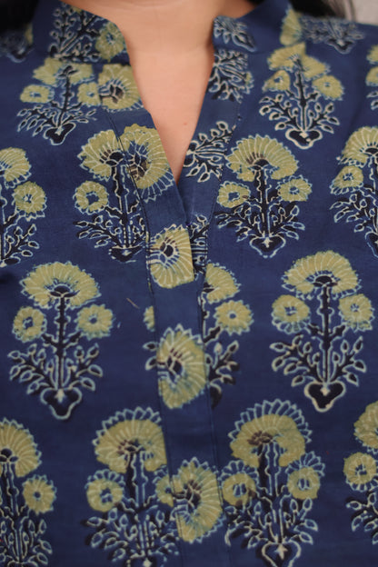 Indigo Ajrakh Hand Block Printed Kurti | Looms & Tassels