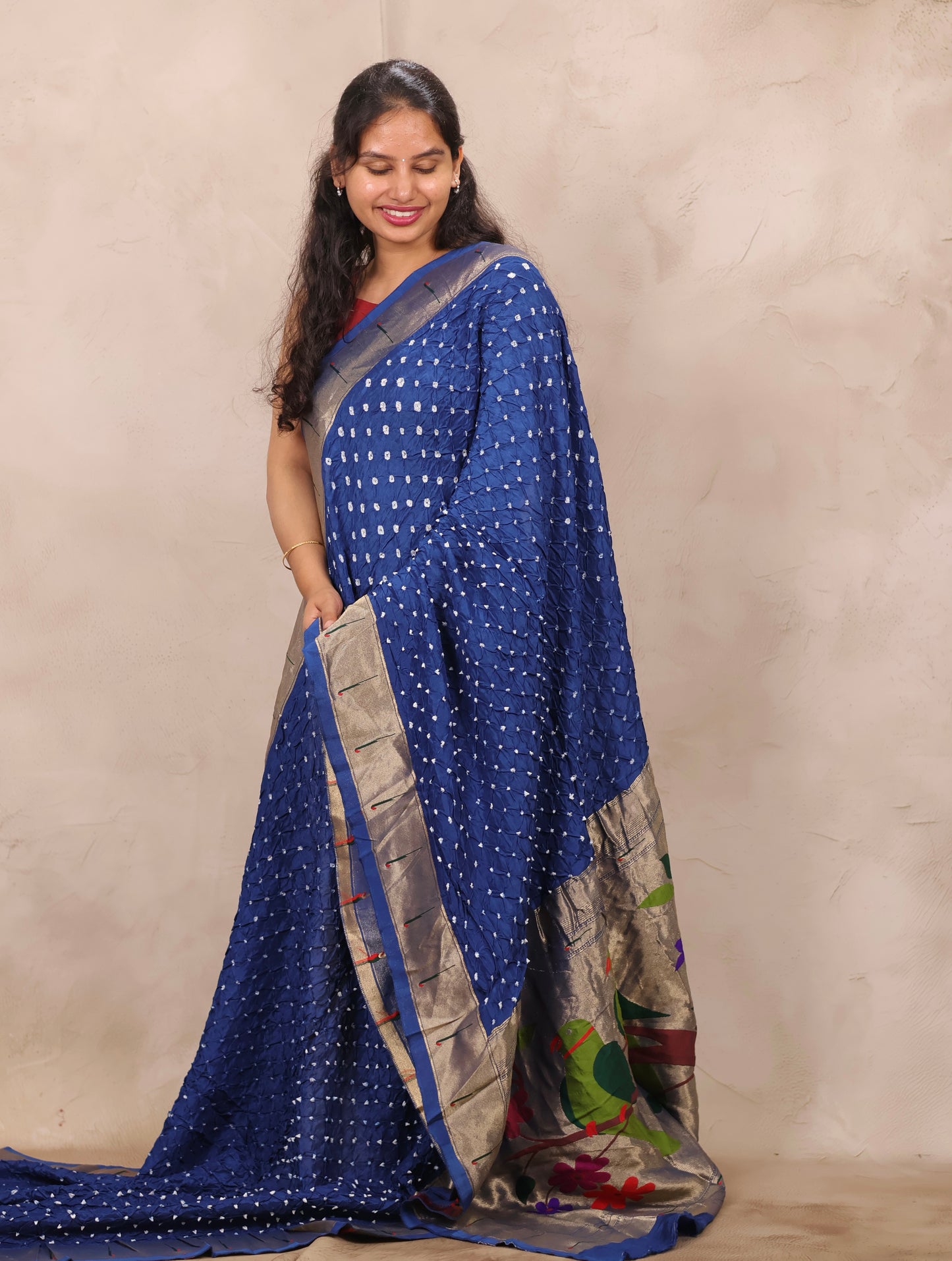 Blue Handcrafted Bandhani Paithani Dola Silk Saree | Looms & Tassels