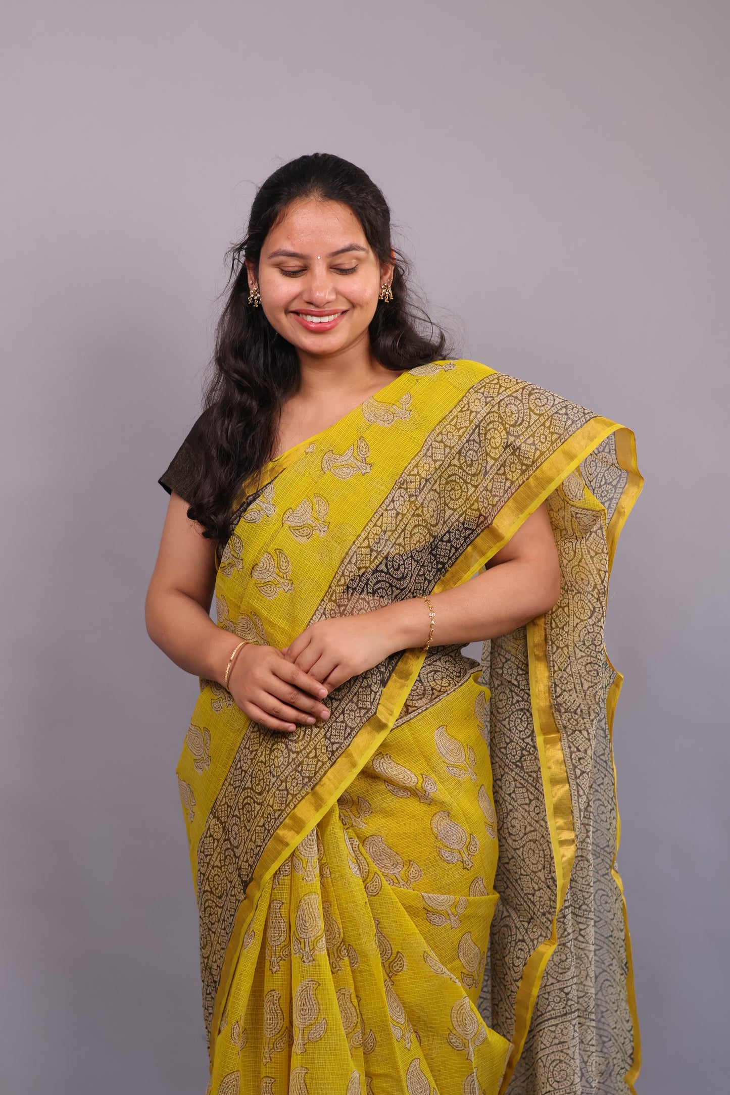 Pure Kota Doria Saree with Bagru Handblock Prints –Yellow | Looms&Tassels