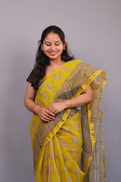Pure Kota Doria Saree with Bagru Handblock Prints –Yellow | Looms&Tassels