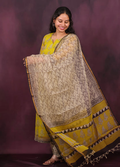 Yellow Handblock printed kota 3 piece suit (stitched)