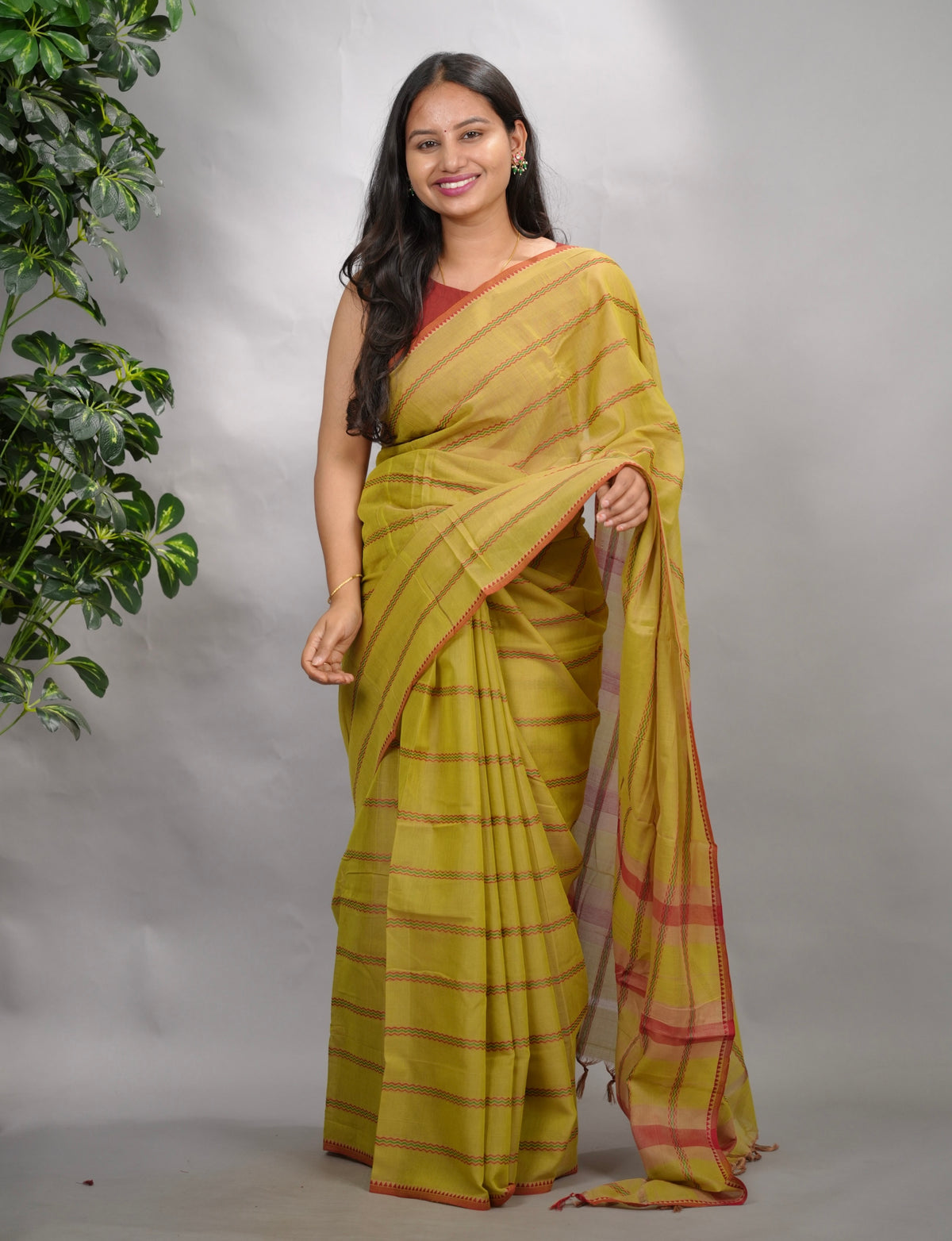 Olive Green Narayanpet Cotton Saree | Looms & Tassels