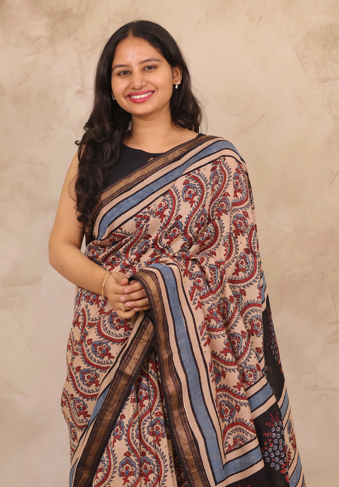 Maheswari Silk Cotton Ajrakh Handblock Printed Saree | Looms & Tassels