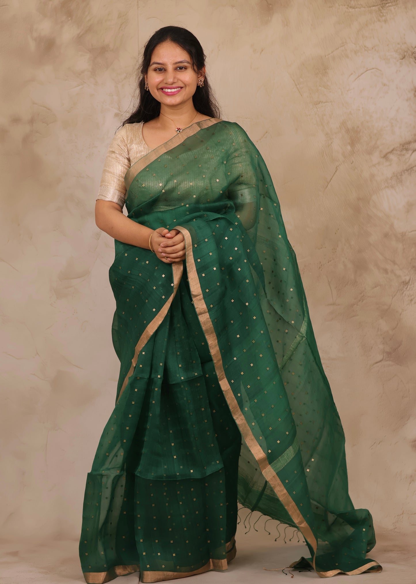 Green Handwoven Muslin Silk Saree With Sequence Work | Looms & Tassels