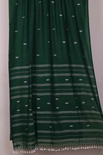 Green Pure Handwoven Malai Cotton Saree with Butta Weaving