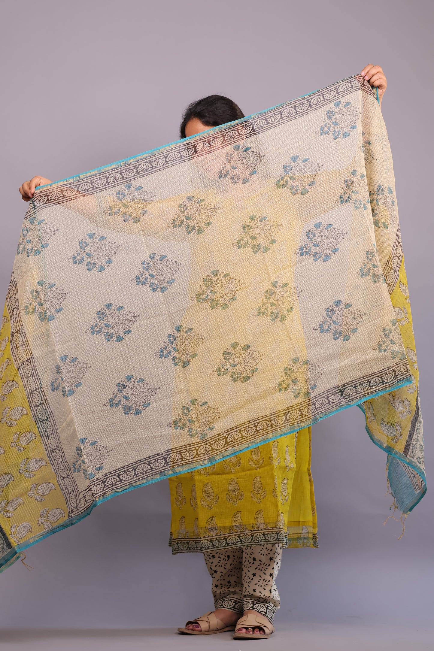Yellow Handblock printed kota 3 piece suit (stitched)