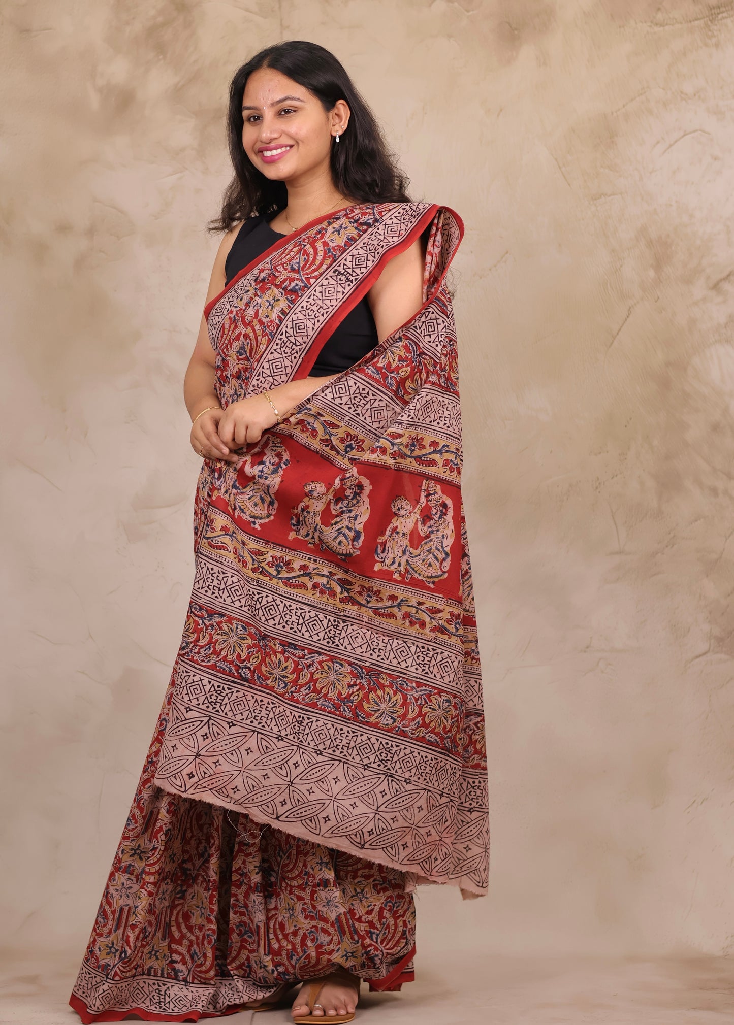 Red Hand Block Printed Kalamkari Cotton Saree | Looms & Tassels