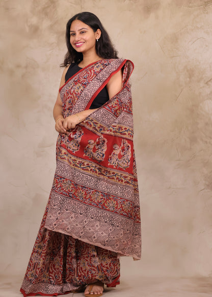 Red Hand Block Printed Kalamkari Cotton Saree | Looms & Tassels