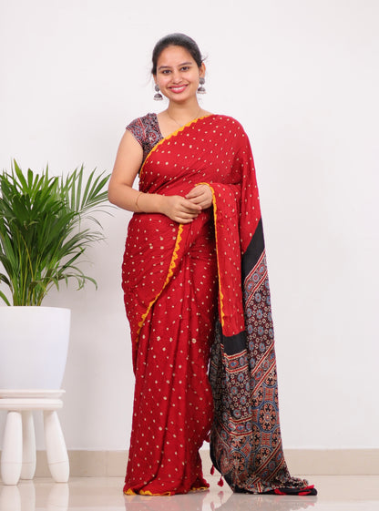 Red Ajrakh Bandhej Modal Silk Saree