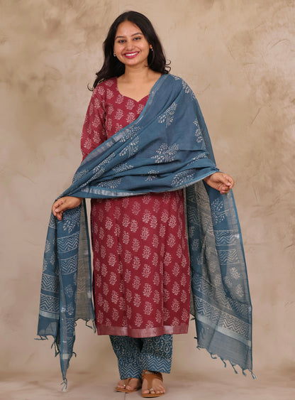 Dusty Rose Linen Cotton Handblock printed 3 piece suit (stitched)