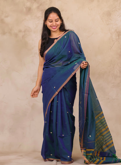Peacock Blue Narayanpet Cotton Saree With Butta Weaving | Looms & Tassels