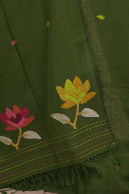 Green Handwoven Jamdhani weaving pure Malai cotton 2 piece suit sets | Looms & Tassels