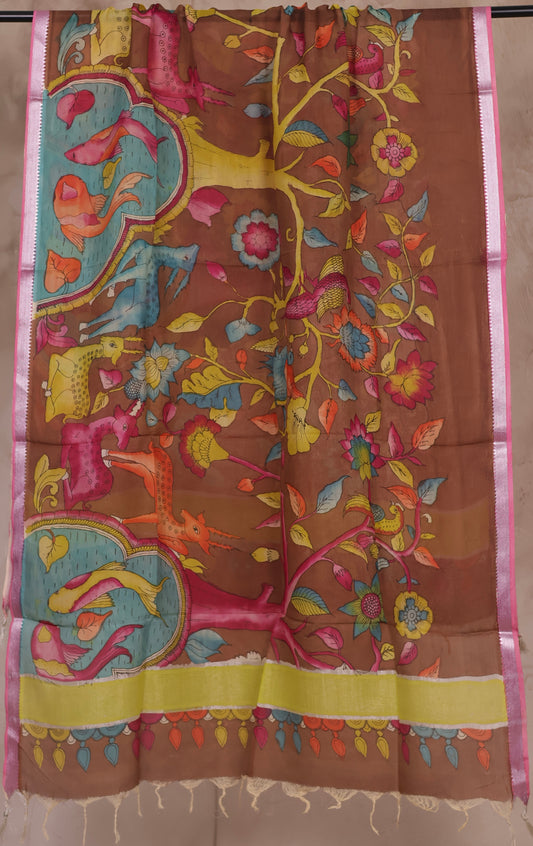 Brown Pen Kalamkari Mangalagiri silk Dupatta