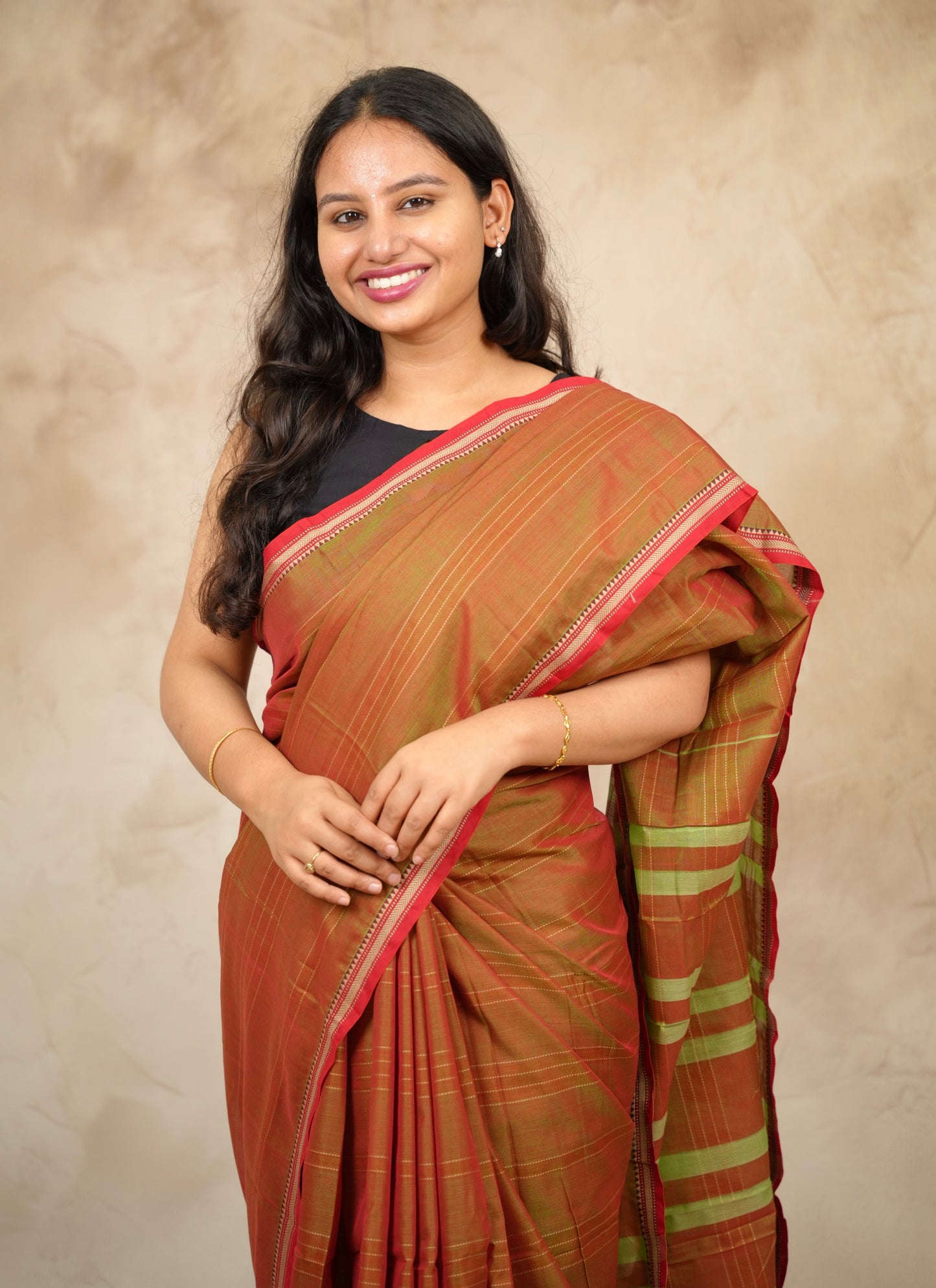 Orange Duel Tone Narayanpet Cotton Saree lines weaving | Looms & Tassels