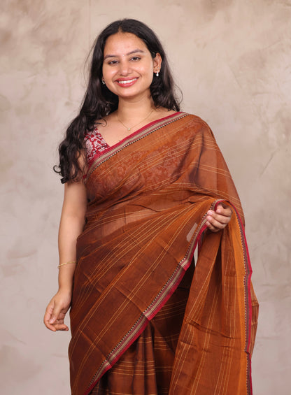 Mustard Narayanpet Cotton Saree lines weaving Saree | Looms & Tassels