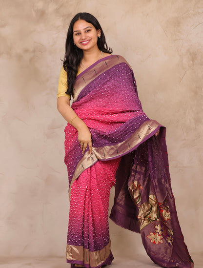 Purple & Pink Handcrafted Bandhani Paithani Dola Silk Saree | Looms & Tassels