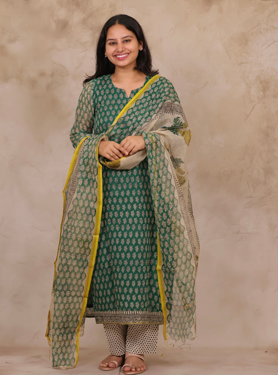 Green Handblock printed kota 3 piece suit (stitched)