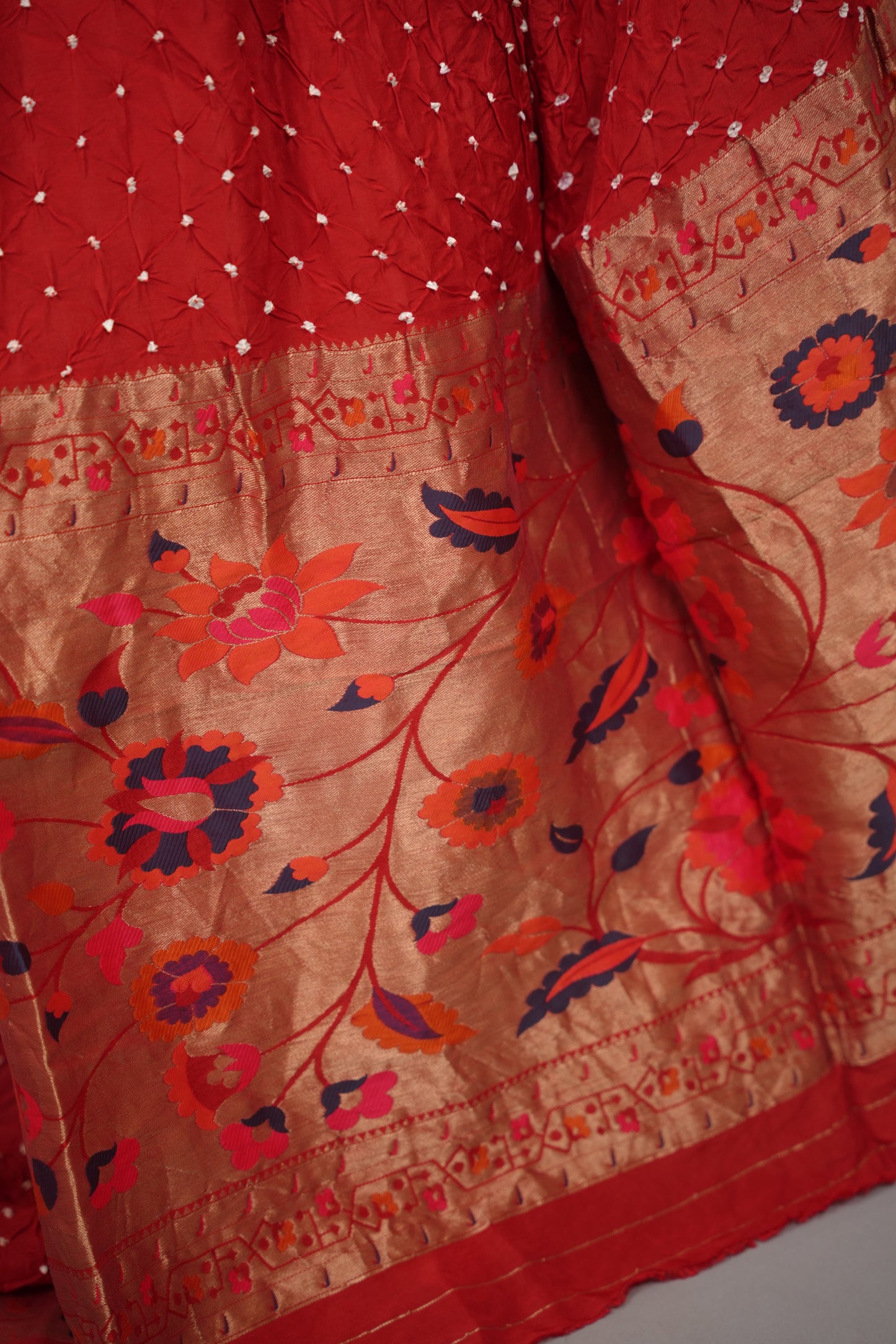 Red Handcrafted Bandhani Paithani Dola Silk Saree | Looms & Tassels