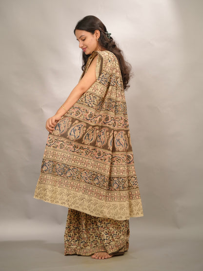 Cream Hand Block Printed Kalamkari Cotton Saree | Looms & Tassels