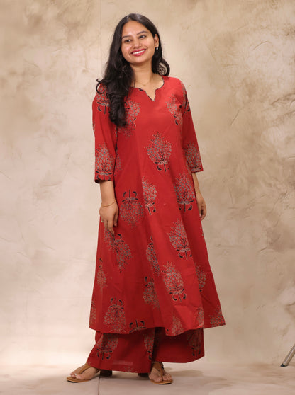 Red Ajrakh Handblock Printed Kali Kurti Co-ord Set (Pure Cotton ) | Looms & Tassels