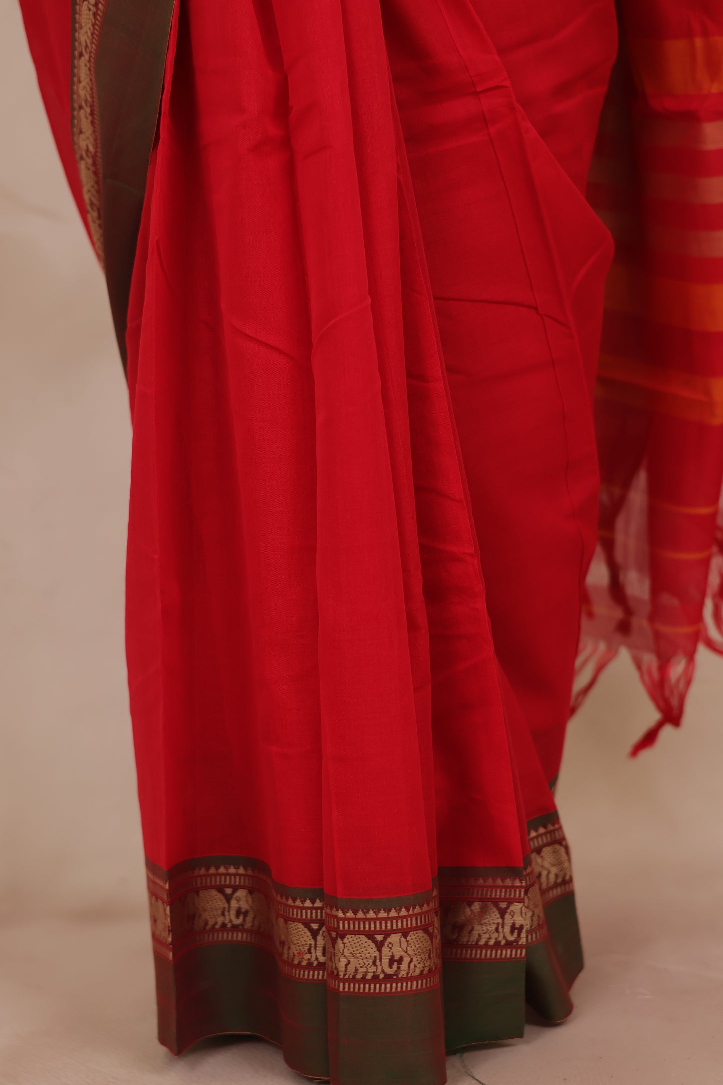 Red Narayanpet Cotton Saree with Elephant Border | Looms & Tassels