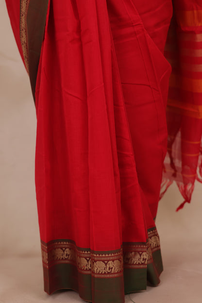 Red Narayanpet Cotton Saree with Elephant Border | Looms & Tassels