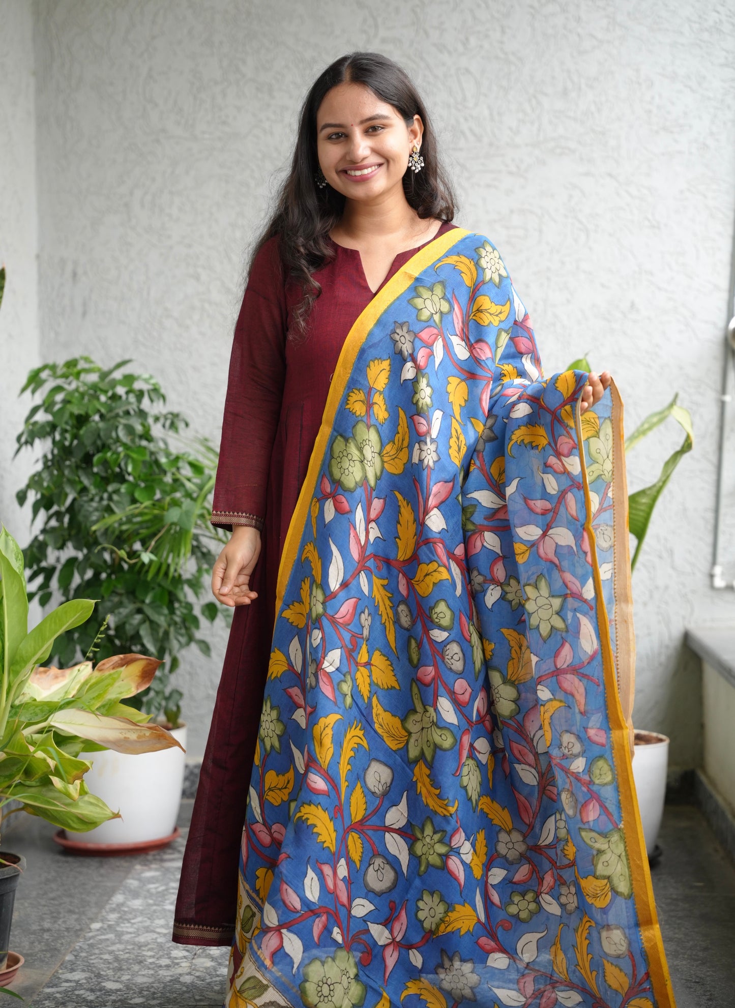 Blue Pen Kalamkari Mangalagiri silk Dupatta