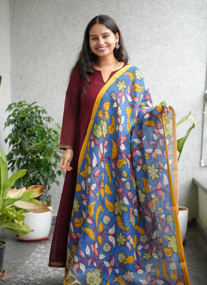 Blue Pen Kalamkari Mangalagiri silk Dupatta