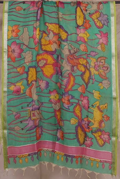 Sea Green Pen Kalamkari Mangalagiri silk Dupatta