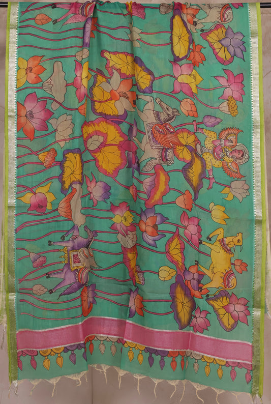 Sea Green Pen Kalamkari Mangalagiri silk Dupatta