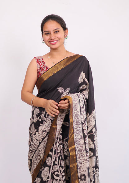 Black Nizam Border Kalamkari Silk Saree