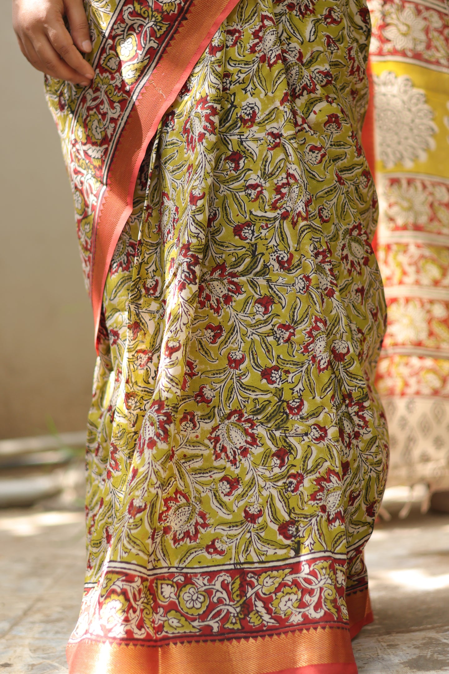 Mustard Hand Block Printed Kalamkari Nizam Border Silk Sare
