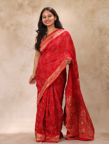 Red Handcrafted Pattern Bandhani Paithani Dola Silk Saree | Looms & Tassels