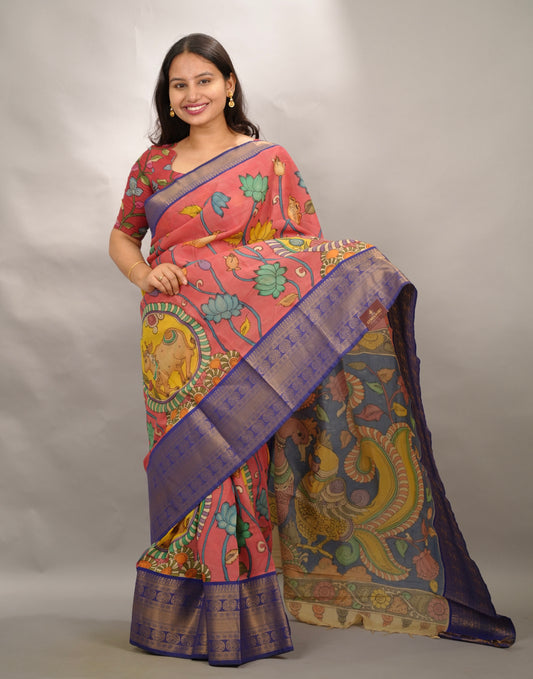 Peach Hand Drawn Pen Kalamkari Bangalore Silk Kanchi Border Saree | Looms & Tassels