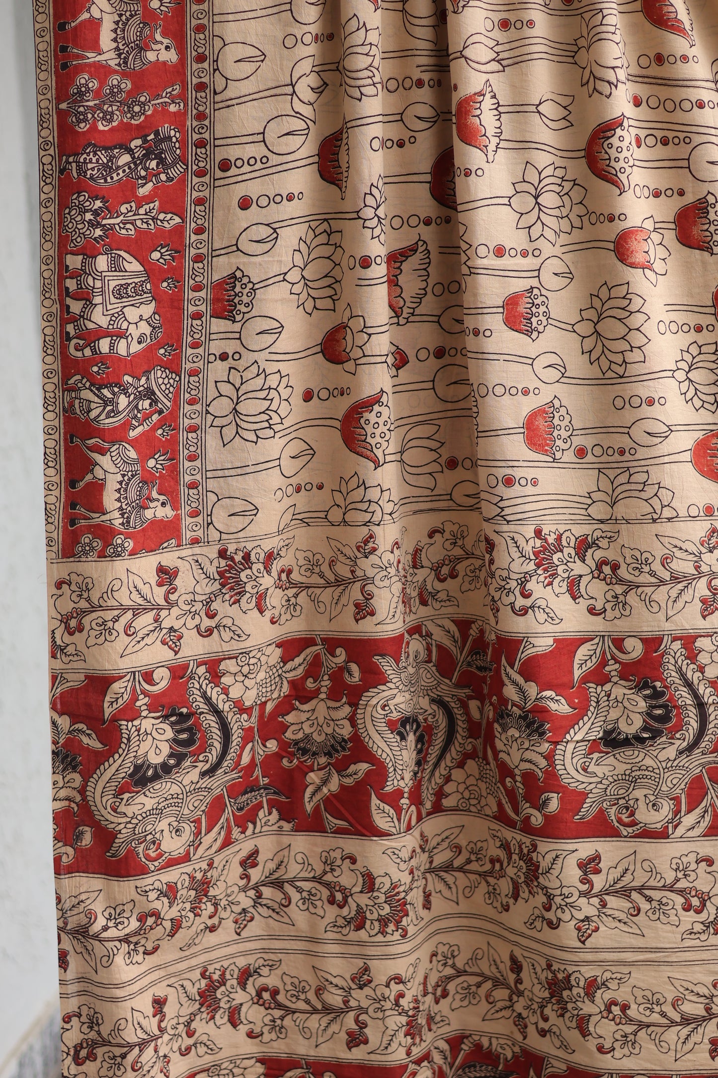 Cream Lotus Kalamkari Cotton Saree