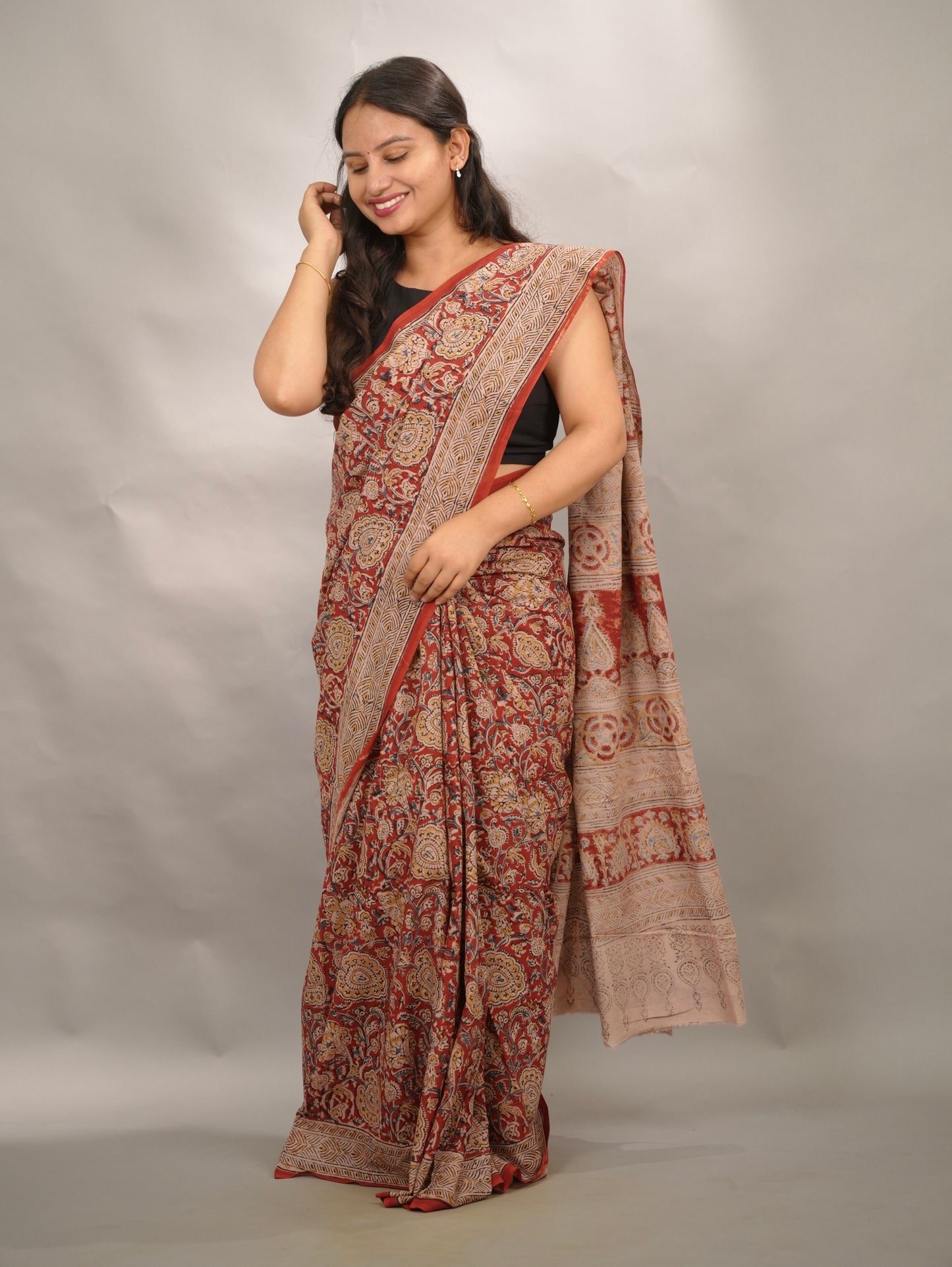 Red Hand Block Printed Kalamkari Cotton Saree | Looms & Tassels